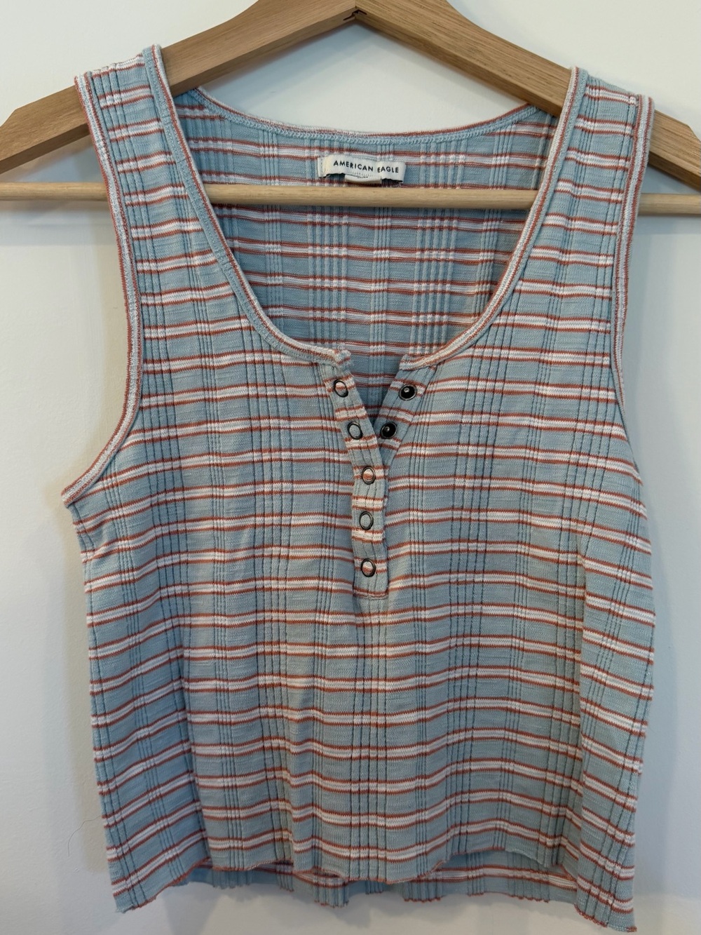 American Eagle Outfitters Light Blue & Rust Plaid Ribbed Henley Tank Top